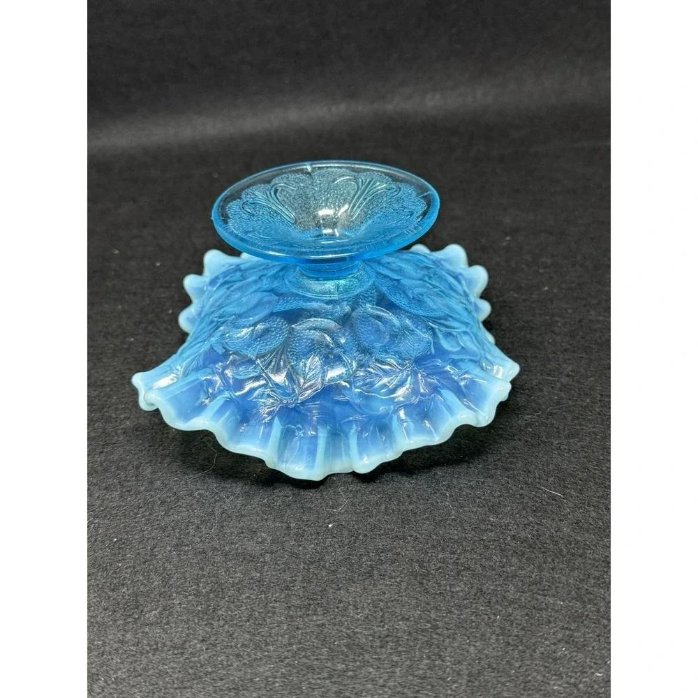 Dugan Blue Opalescent Question Marks Pedestal Bowl Carnival Glass Vintage